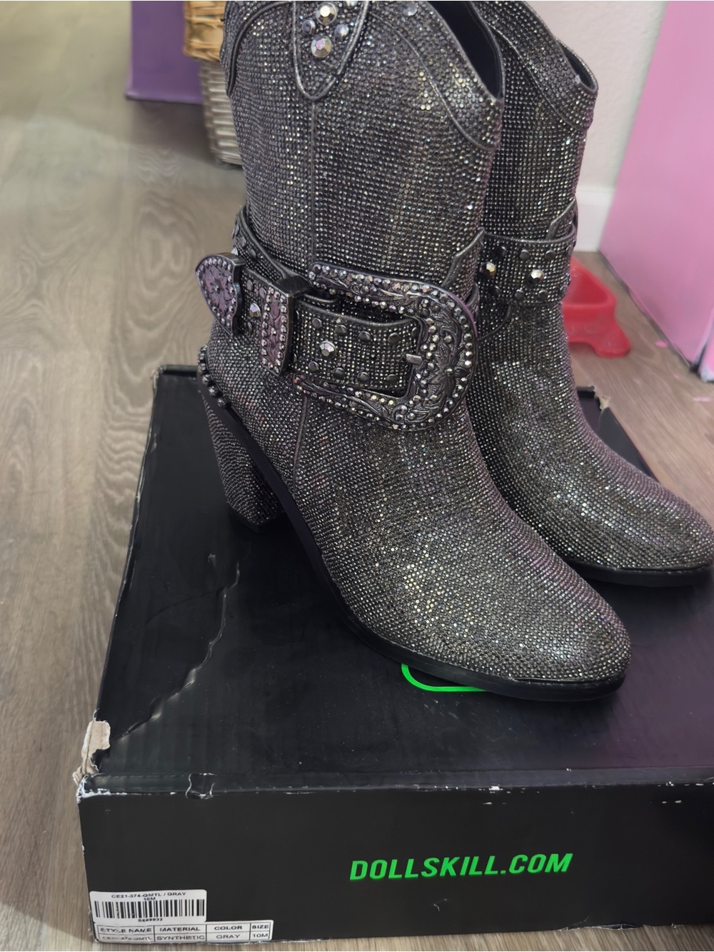 Dolls Kill Silver Glitter Western Buckle Ankle Boots